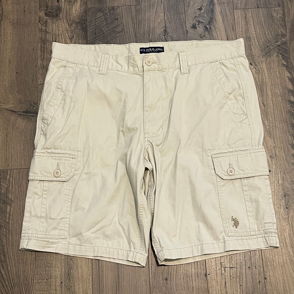 US Polo Assn Mens Khaki Cargo Shorts Size 40 Tan Cotton Twill Multi Pocket